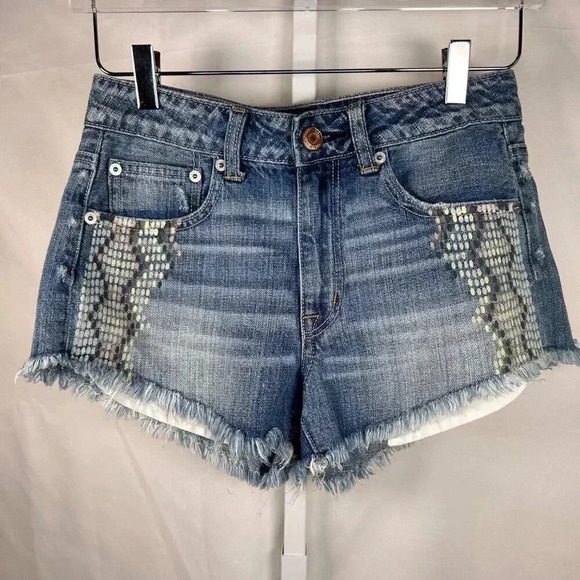 2/$30 American Eagle Hi-Rise Festival Size 2 Jean Shorts Denim Painted Boho - Picture 1 of 5
